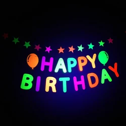 Fluorescent Happy Birthday Star Letter Hanging Garland Paper Banner Flags For Luminous Party Neon UV Glow Wedding Birthday Decor