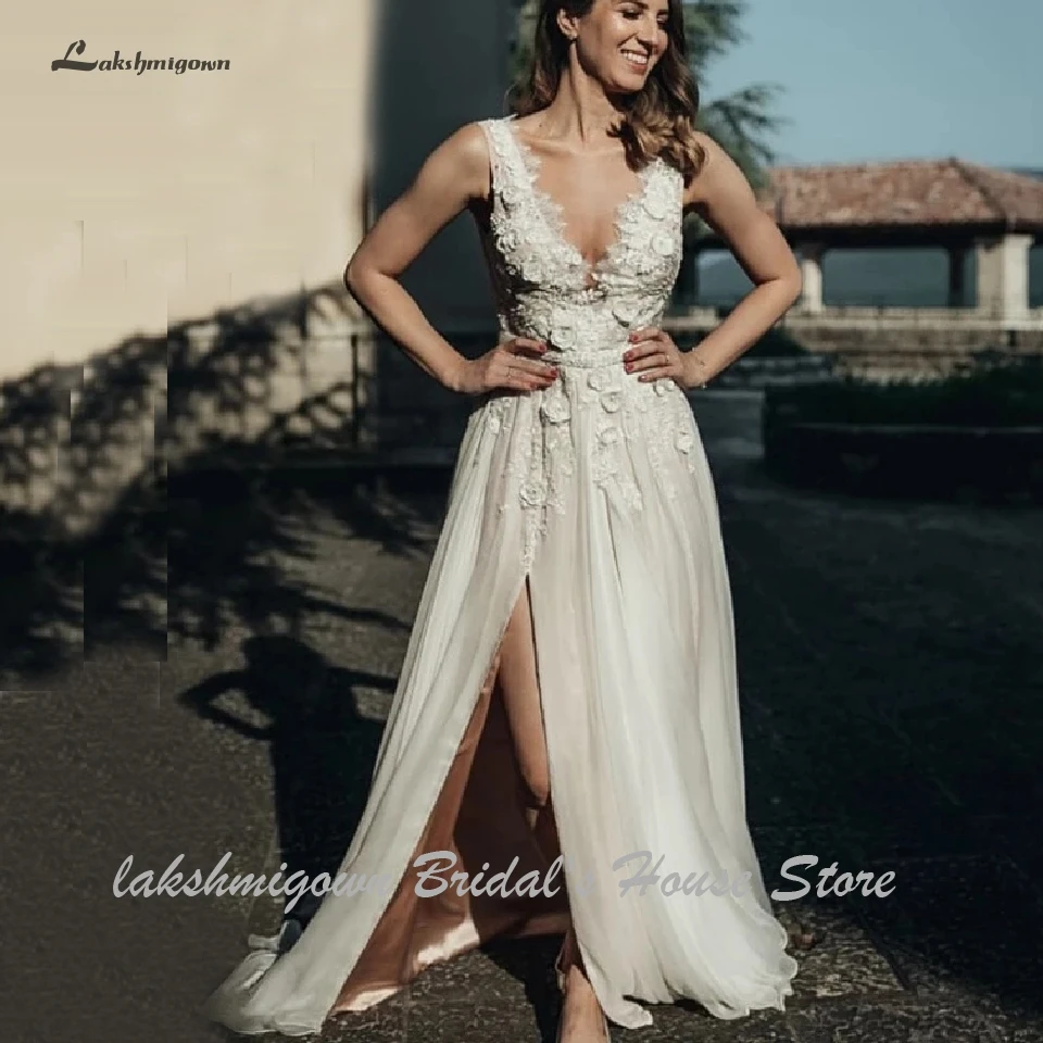 Lakshmigown летнее пляжное свадебное платье для невесты Vestidos сексуальное свадебное платье с v-образным вырезом Бохо кружевное платье с разрезом по бокам Trouwjurk