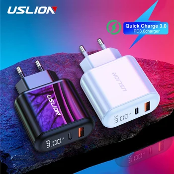 

USLION 3A LED Display USB Charger EU Plug Quick Charge 3.0 Wall Fast Chargers for iPhone 11 X S Max 7 QC3.0 PD3.0 Fast Charging