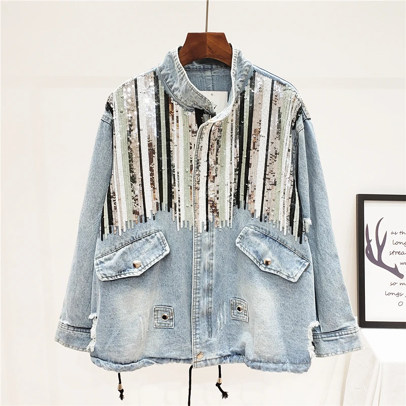 

Streetwear Autumn New Loose Heavy industry Sequins Vintage Washed Denim Jacket Women Harajuku Plus size Blue Casual Jeans Jacket
