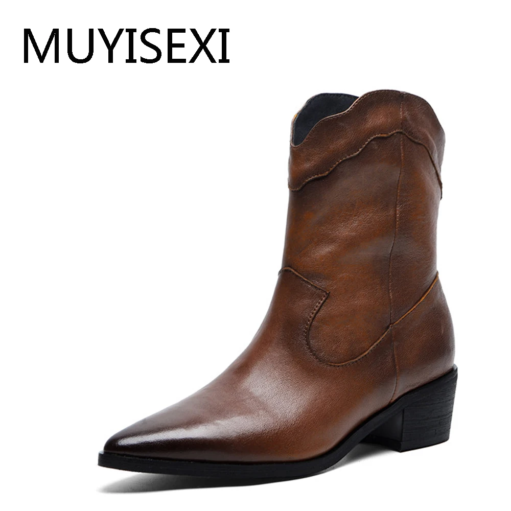 

Pointed Toe Boots Genuine Leather Slip-On 5cm Med Heels Keep Warm Solid Design Concise Mid-calf Boots MEI03 MUYISEXI