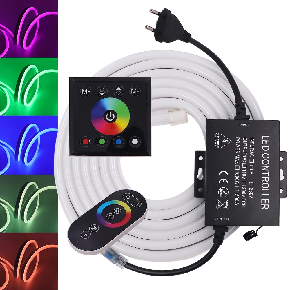 

220V Neon Light LED Strip RGB Dual Touch Remote Control 1500W Controller Waterproof Flexible Neon Rope Lights Outdoor Decoration
