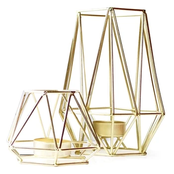 

Set of 2 Gold Geometric Metal Tealight Candle Holders for Living Room & Bathroom Decorations - Centerpieces for Wedding & Dining