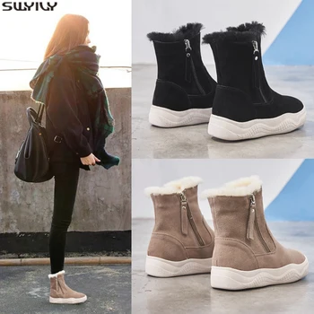 

SWYIVY Cow Suede Woman Winter Boots Wedge Shoes Woman 2019 Warm Platform Snow Ankle Boots For Women Zip Mid Calf Plush Booties