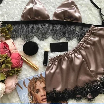 

Womens Erotic Faux Silk Bralette Top Panty Set Scalloped Eyelash Lace Trim Lingerie Solid Color Champagne Sexy Pajama Nightwear