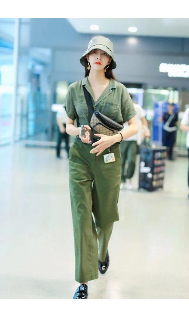 army green tooling jumpsuit Street shooting star long-sleeved shorts jumpsuit casual large size loose and thin jumpsuit sandals criss cross buckle wedge sandals army green in green size 37 38 40 41