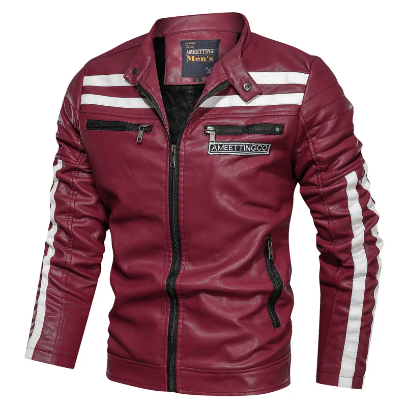Мужская куртка из искусственной кожи, осенняя кожаная куртка, уличная приталенная куртка-бомбер, повседневная мужская куртка на молнии, зимняя флисовая одежда для мужчин - Цвет: Red