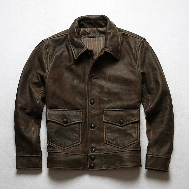 cowhide coat Free shipping.Wholesales.Classic vintage leather jacket.quality Mens brown genuine leather coat.Full grain cowhide clothing cowhide coat