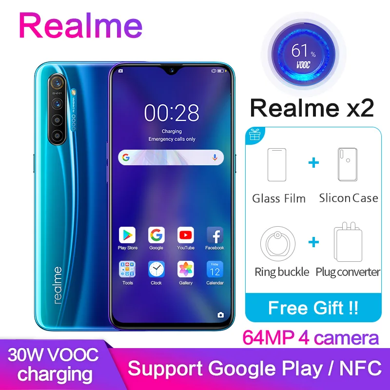 

Realme X2 6.4"Super AMOLED Full Screen Support Google Play NFC 2340*1080 4000mAh Super VOOC Octa Core 5cameras Fingerprint ID