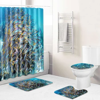 

Ocean Fish Printing Bathroom Set Non-slip Absorbent Cushion Shower Curtain Carpet Toilet Seat Bathroom Accessories 4/3/1 Piece
