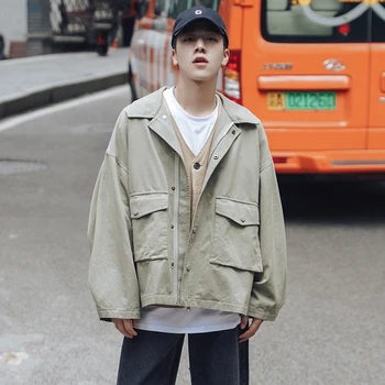 

Autumn New Tooling Jacket Men Fashion Solid Color Casual Cotton Large Pocket Jacket Street Wild Hip Hop Loose Bomber Jacket