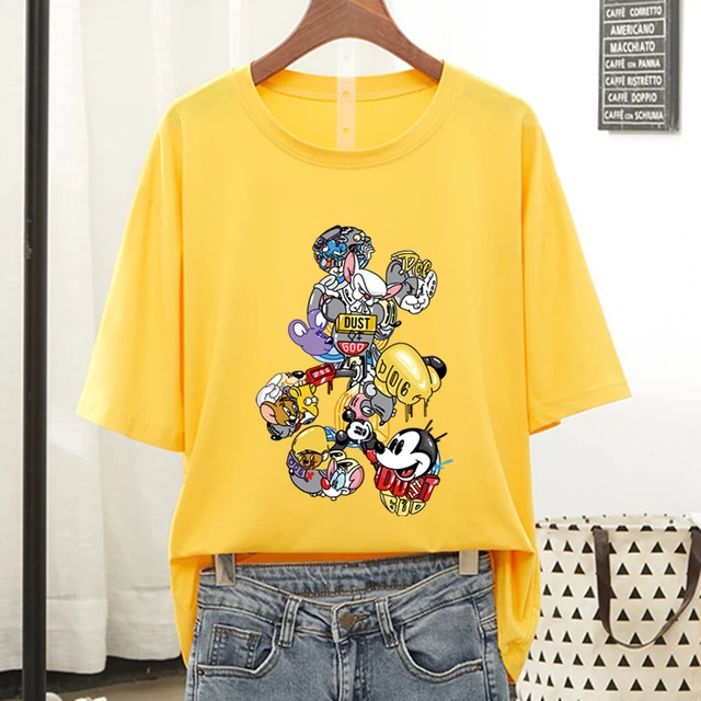 Disney Colorful Mickey Mouse T Shirt Women 2021 Summer Tshirt Graphic Tee Cool Women T-shirt Female Tee Shirt 90s Aesthetic Tops Yellow