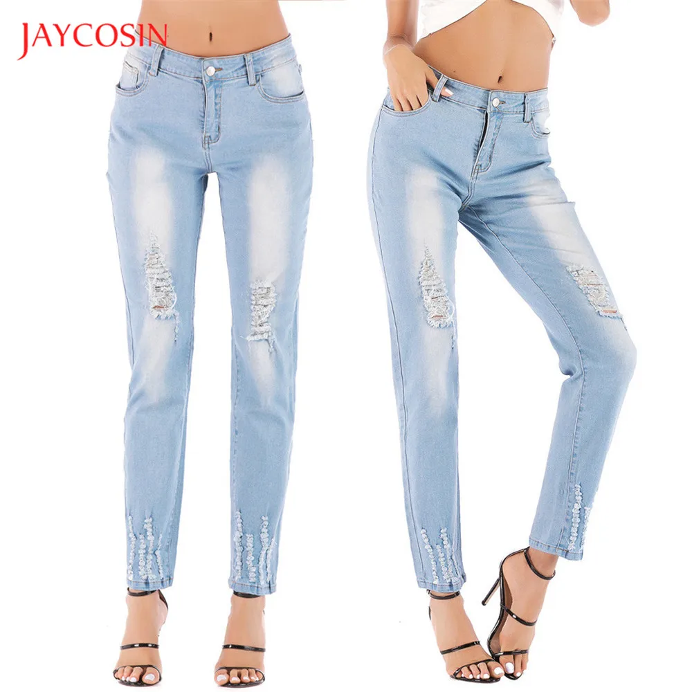 Jaycosin новые модные женские джинсы деним винтажные потертые джинсы старого размера плюс с дырками джинсы с карманами на пуговицах повседневные женские штаны