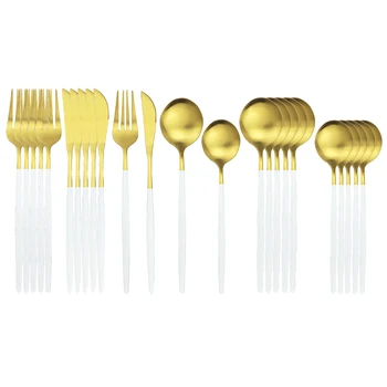 

24Pcs White Gold Cutlery Set Knife Fork Dessert Spoon Tableware Set Stainless Steel Dinnerware Set Kitchen Dinner Tableware Set