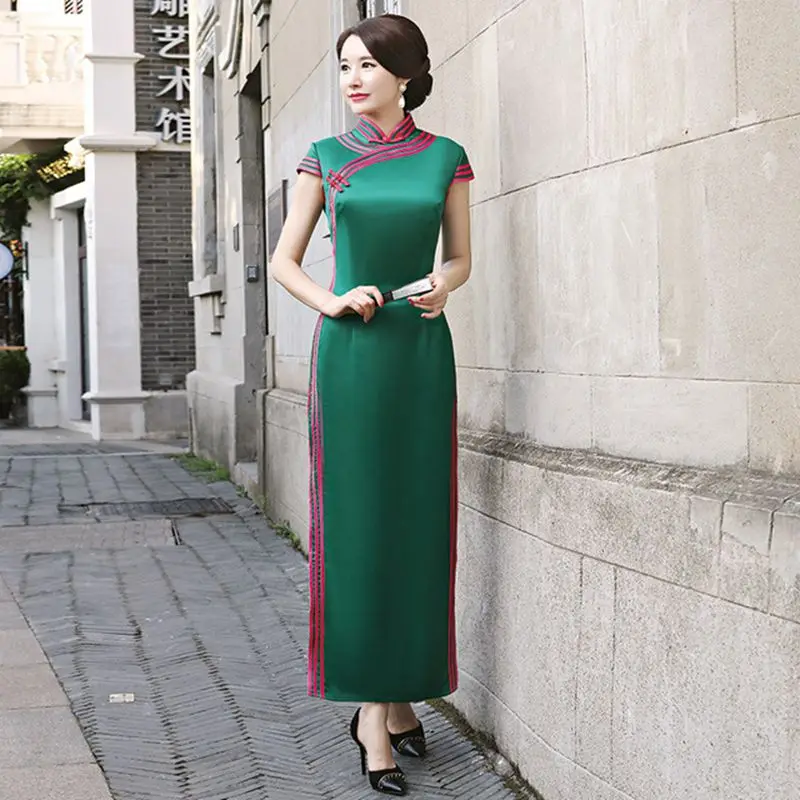 Китайское традиционное ретро-изменение Cheongsam элегантное Qipao повседневное Cheongsam вечернее платье, пикантное платье макси Vestido плюс размер - Цвет: green
