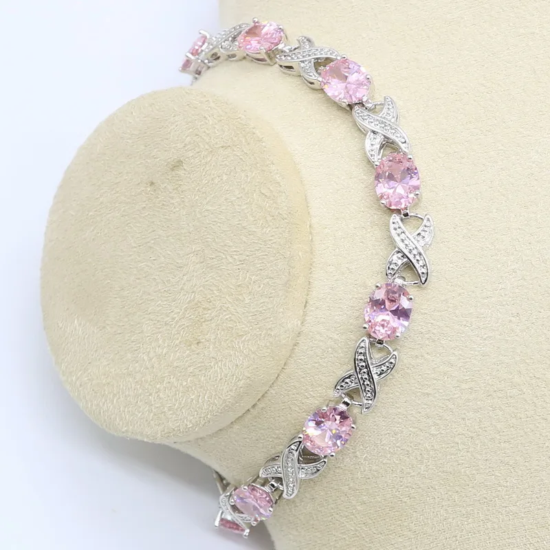 Овальный розовый циркон 925 пробы серебра набор украшений для женщин с браслет, серьги, ожерелье кулон подарок для свадьбы дня рождения