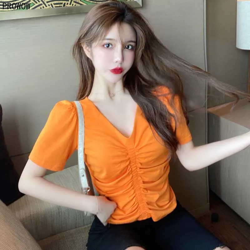 Elegant V-Neck Pleated Slim Tops Women 2020 Summer New Korean Fashion Cotton Short Sleeve T-Shirt Ladies Leisure T Shirt Tops