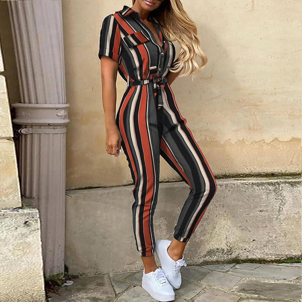 Women Casual solid color Jumpsuit 2020 Summer Deep V Neck Button Shirt Overalls Short Sleeve Office Lady One Piece Romper Belt