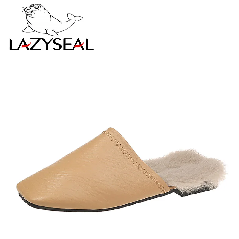 LazySeal туфли без задника с квадратным носком; женские шлепанцы; женские пушистые шлепанцы с натуральным кроличьим мехом; женские вьетнамки на плоской подошве; женские шлепанцы без задника