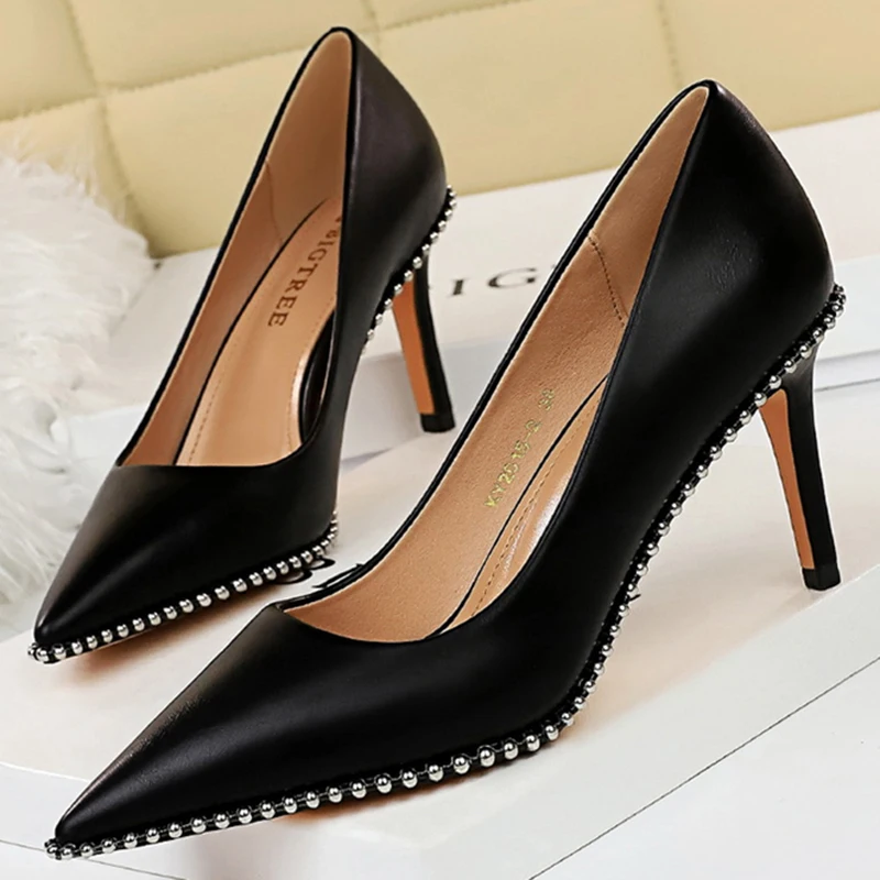 Zapatos de tacón alto de 2021 cm o 7,5 cm con tachuelas para mujer, tacones negros de Metal, calzado de fiesta, moda de verano, 10,5
