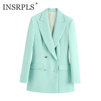 

INSRPLS Women Fashion Office Wear Double Breasted Blazer Coat Vintage Long Sleeve Pockets Female Outerwear Chic Tops