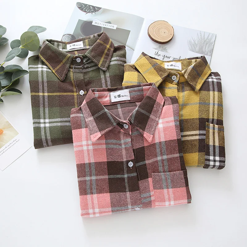 

Plaid Fashion Women Blouses 2020 Single Breasted Checkered Shirts Elegant Chic Pink Shirt Soft Top Female Long Sleeve