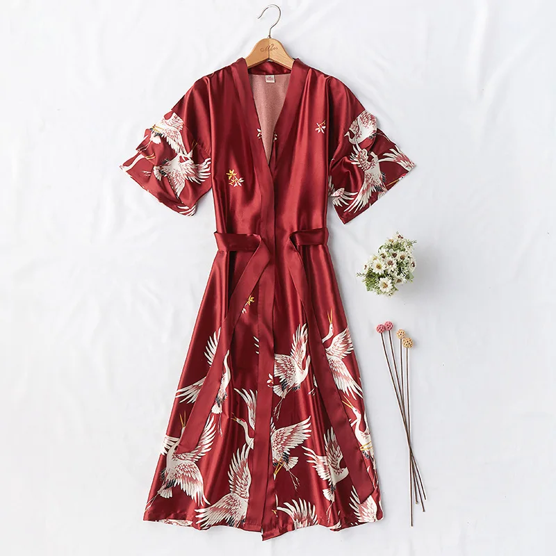 

Elegant Burgundy Women Wedding Robe Exquisite Print Pattern Suspender Skirt Sleepwear Nightgown Casual Soft Satin Homewear