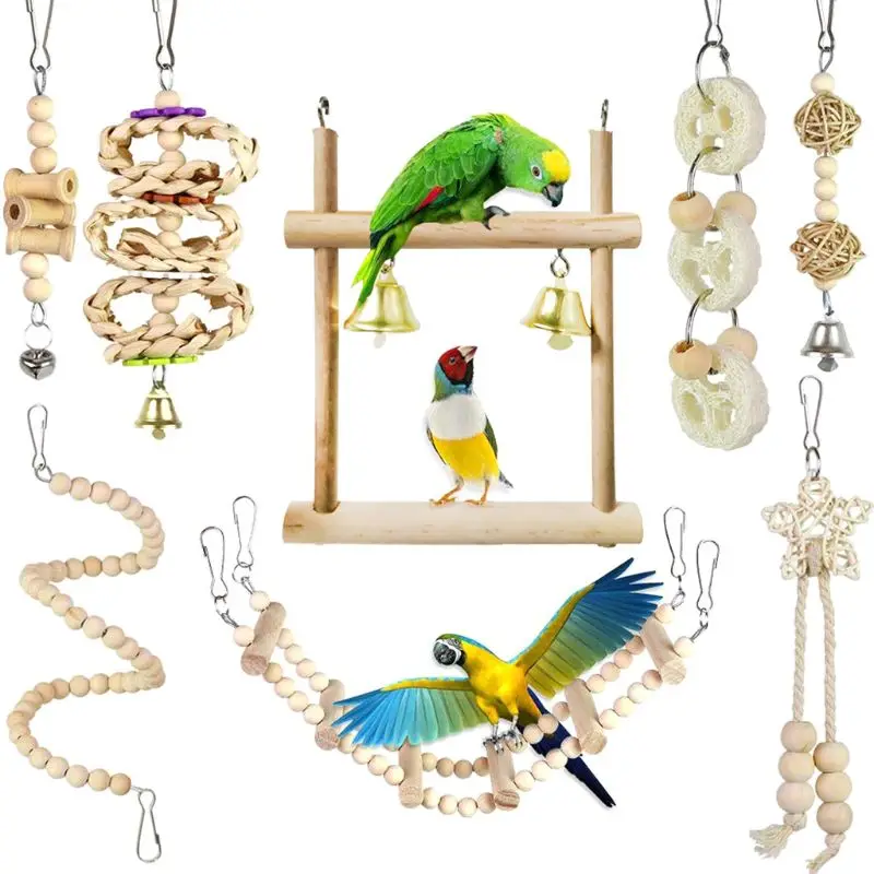 

8pcs/set Bird Parrot Toys Wooden Hanging Swing Hammock Climbing Ladders Perches Toy Parakeet Bird Cage Supplies Wood