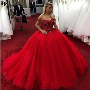 

2020 Red Sweetheart Quinceanera Dresses Ball Gown Lace Up Tulle Crystal Beaded Sweet 16 Dresses vestido 15 anos Prom Dress