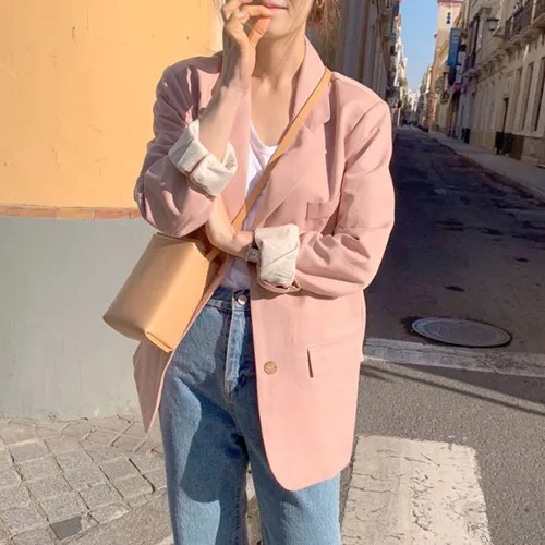 

New South Korean girl fresh classical joker Loose jacket Work OL Single Breasted Striped Blazer Jacket For Women Feminino Spring