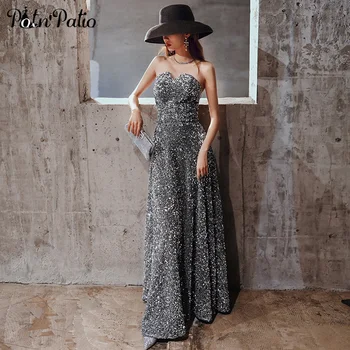 

Sexy Strapless Women Evening Dresses Long 2020 Elegant A-line Floor-length Sparkly Gray Sequin Prom Gowns