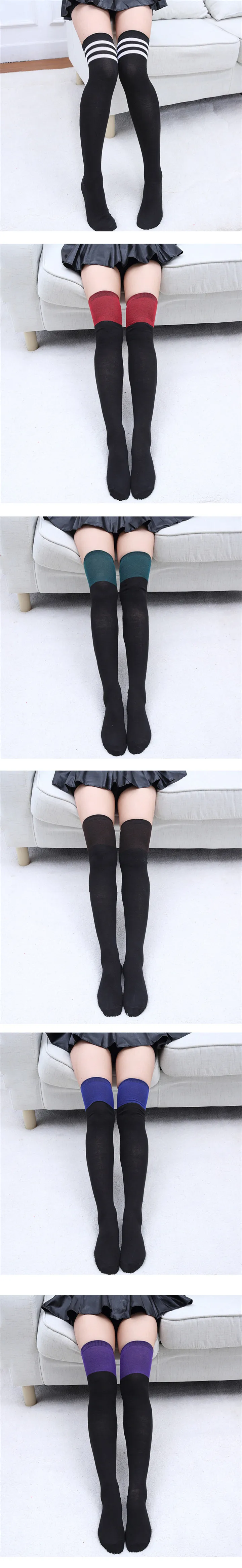 4  Stripe Pattern Socks Wind Knee Sock Knitting Three Bars Black and White Cotton Splicing Women Long Socks Thin Over Knee Sock