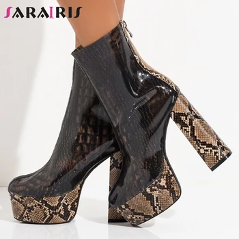 

SARAIRIS INS Hot PVC Platform Boots Ladies Snake Veins Prints Thick High Heels Ankle Boots Women Party Sexy Spring Shoes Woman