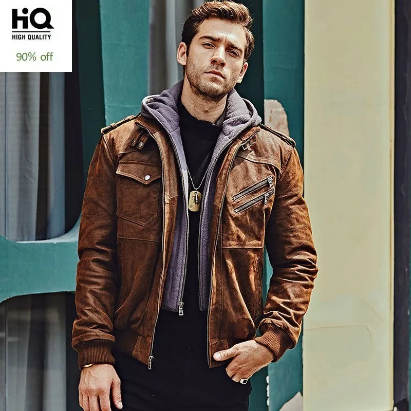 

Luxury Motorcycle Genuine Leather Jacket Men Vintage Short Hooded Detachable Jacket Brand Fashion Design Zipper Pigskin Coat