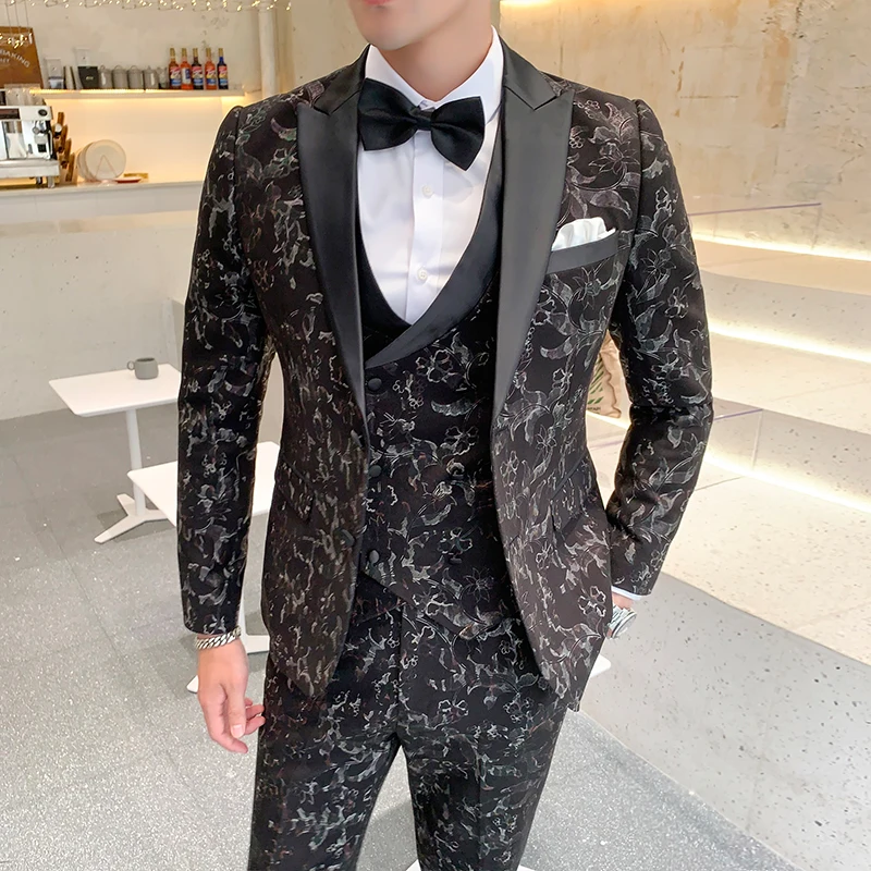 3PCS Suit Men British Style Luxury Print Wedding Suits For Men Slim Fit Formal Wear Mens Suits with Pants Fashion Prom Tuxedo pink jacket mens suits with pants prom slim fit groom wedding tuxedos 2piece coat pants terno masculino costume homme man blazer