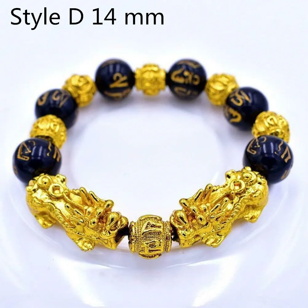 Style D 14mm 1 шт. Золотой Pixiu обсидиан браслет фэн-шуй черный шарик сплав богатство браслет Шарм ручной работы счастливый браслет-амулет подарок - Окраска металла: Style D 14mm