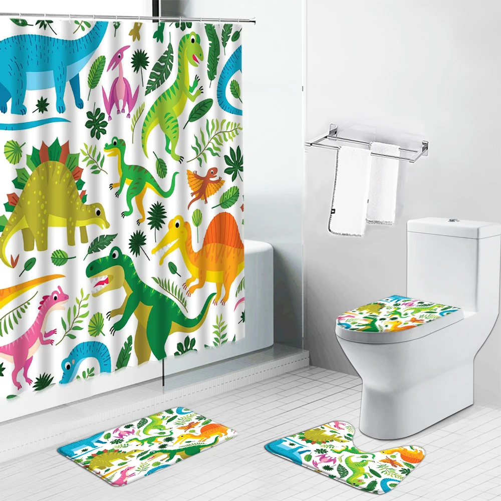 

Cartoon Animals Dinosaur Shower Curtains Set Child Baby Bathroom Screen Flannel Non-Slip Rugs Toilet Lid Cover and Bath Mat