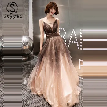 

Skyyue Evening Gown V-Neck Plus Size Sequined Sleeveless Evening Dresses Long A-Line Backless Zipper Robe De Soiree K321
