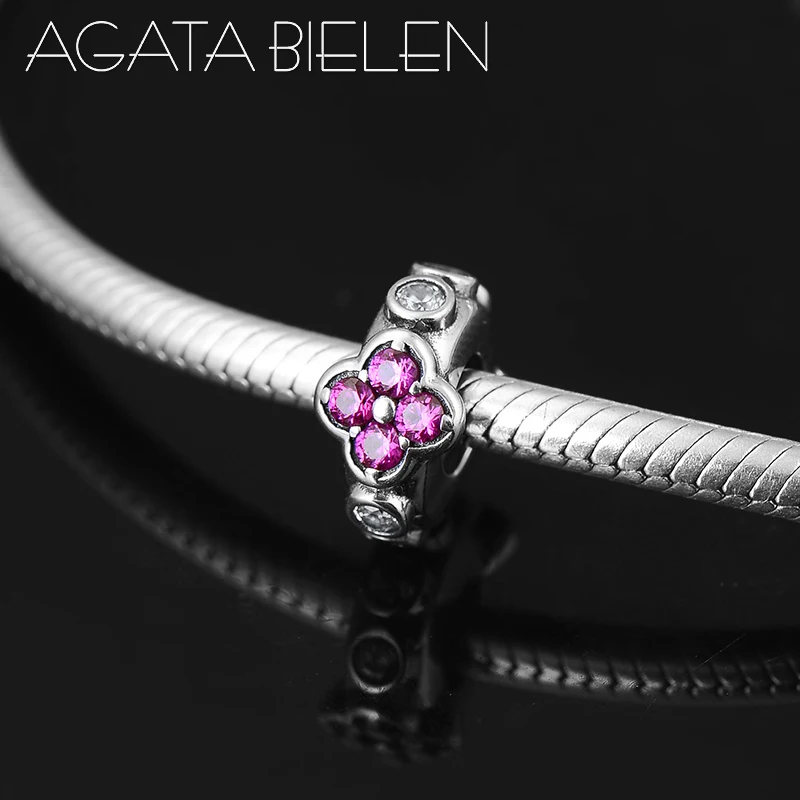 925 Sterling Silver like plum blossom deep pink CZ fine spacer stopper beads Fit Original europeu Charm Bracelet Jewelry making | Украшения