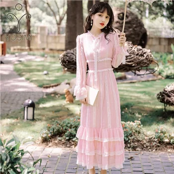 

YOSIMI 2019 Pink Lace Long Women Dress Autumn Mermaid Vestidos Full Sleeve Evening Party Elegant Dresses Ankle-Length Trumpet