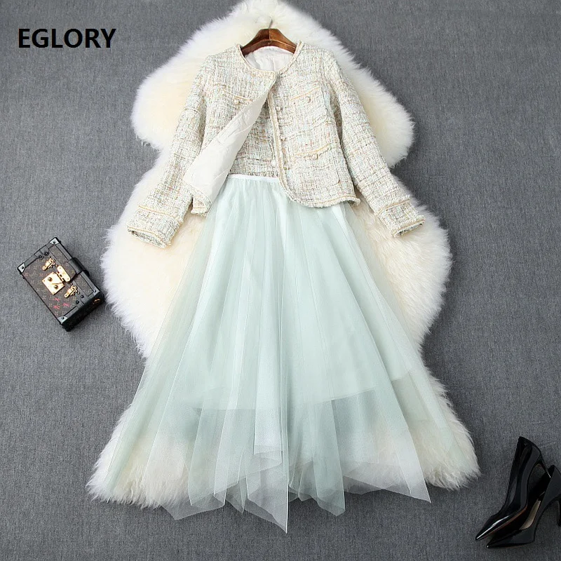 

Top Grade Designer Clothing Sets 2019 Autumn Jacket Suit Women Strap Vest Top+Beading Button Wool Jacket+Mid-Calf Mesh Skirt Set