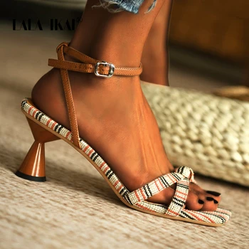 

LALA IKAI Women's Summer Sandals 2020 Fashion Pumps Colorful Strip 5.5 CM Buckle High Heels Open Toe Ladies Shoes XWC6704-4