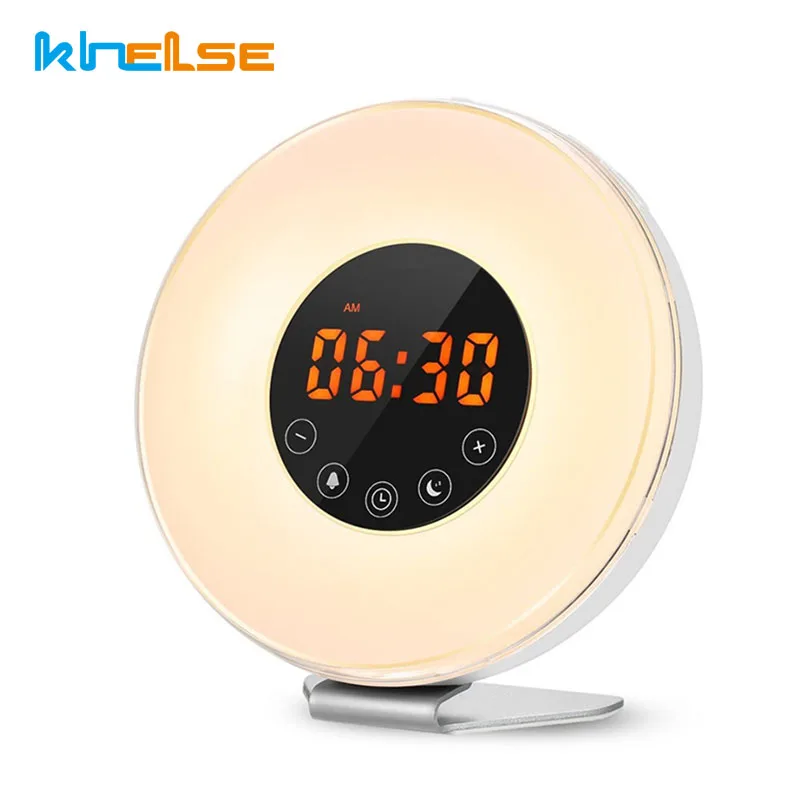 

Creative Design Digital Alarm Clock Colorful Bedroom Wake Up Alarm Clock Novelty RGB LED Sunrise Simulation Light Lamp FM Radio