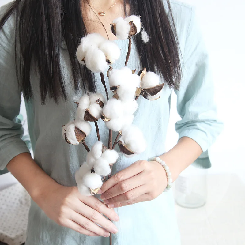 9 heads dried cotton stems natural artificial flower decorative Wedding home party living room long branch