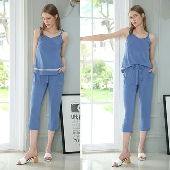 

Summer Women's Pajamas Suspenders Cropped Trousers Pajamas Two-piece Modal Thin Sexy Large Size Home Wear Can Be Worn Outside