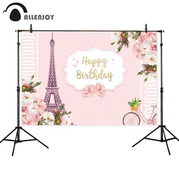 

Allenjoy Happy Birthday Wallpaper Pairs Tower Pink Flower Leaves Bicycle Dots Photozone Banner Baby Shower Girl Party Background
