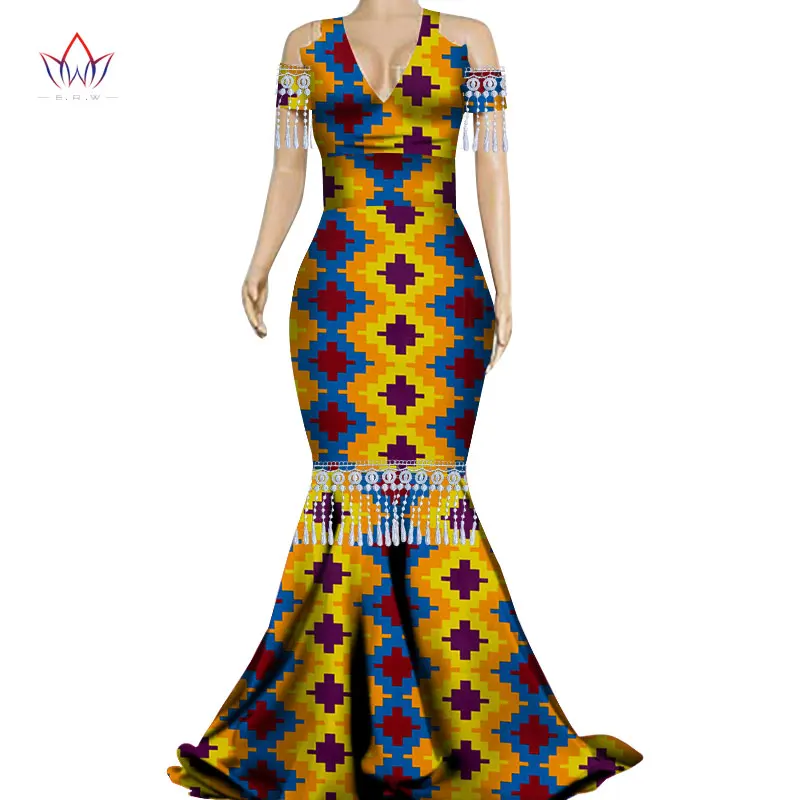 Модные африканские платья с кисточками для Женщин Дашики размера плюс африканская одежда Базен сексуальное элегантное вечернее платье WY3280