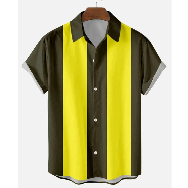 Men's 50s Shirt Vertical Striped Shirts for Men Button Up Shirts Short Sleeve Blouse Plus Size S-6XL Mens Bowling Dress