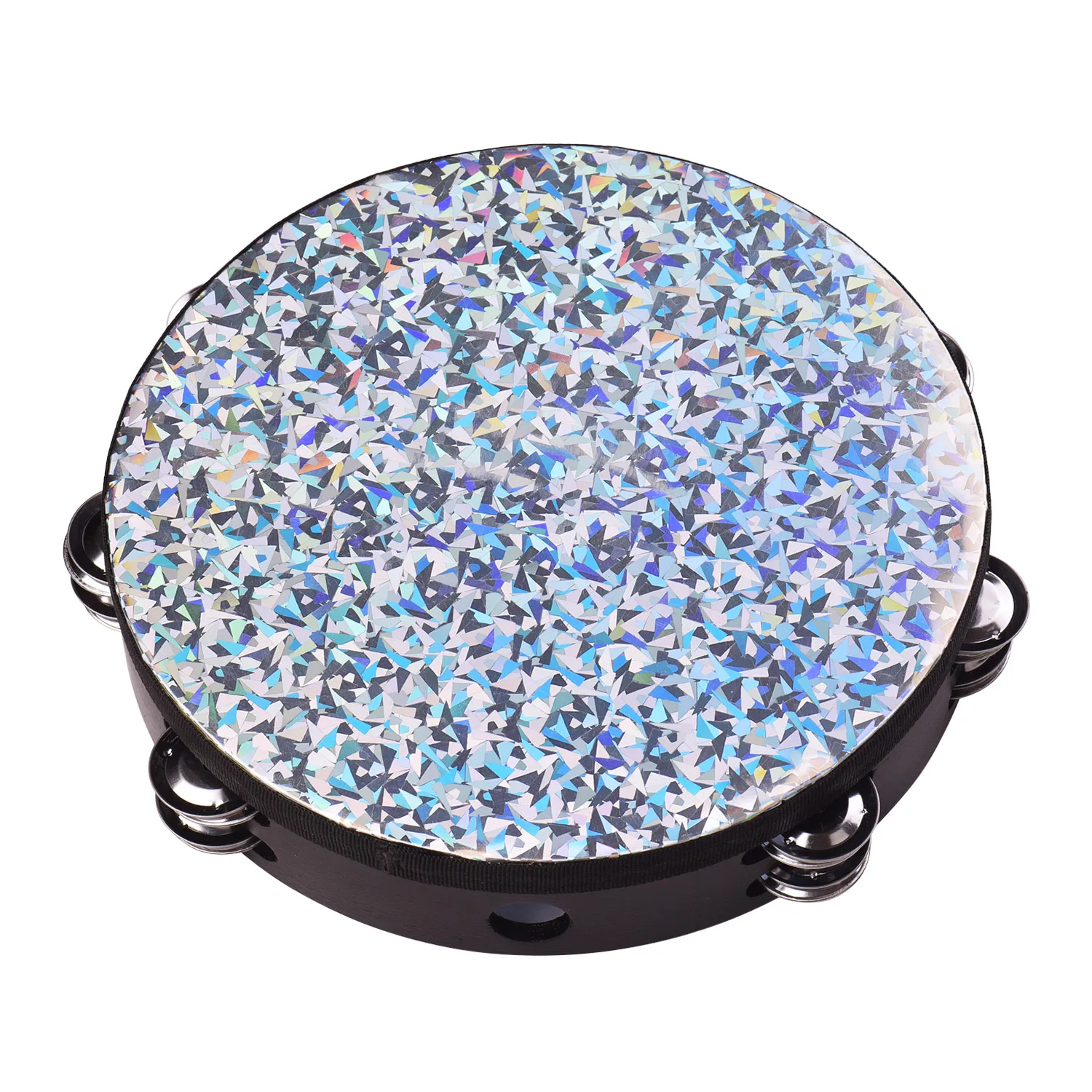 8/10Inch Wooden Radiant Tambourine Handbell Hand Drum with Double Rows Shining Reflective Drum Head Percussion Instrument