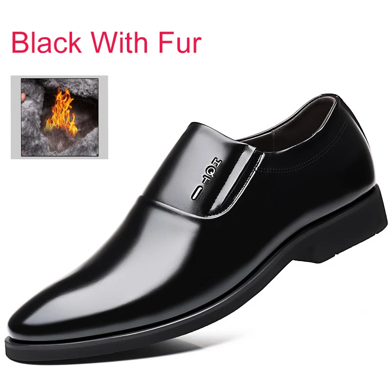 Black With Fur Reetene/Мужская обувь без шнуровки; деловая модельная обувь; кожаные Мужские модельные туфли; элегантные деловые туфли; теплые тапочки - Цвет: Black With Fur